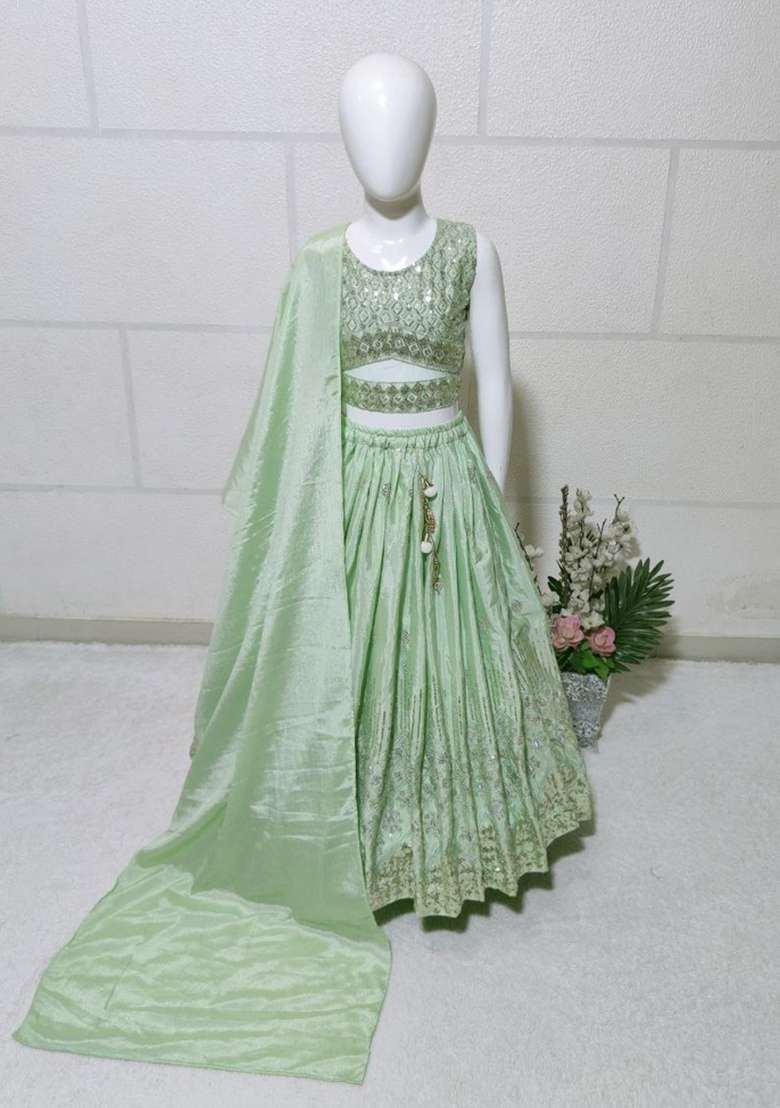 Pistachio Green Embroidery Silk Lehenga Set For Girls - Indya