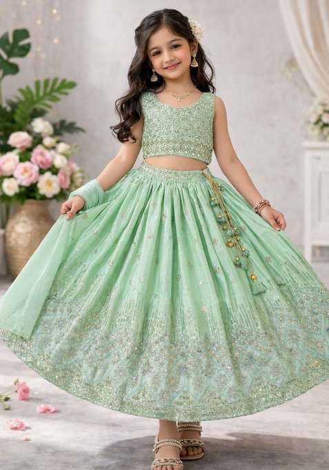 Pistachio Green Embroidery Silk Lehenga Set For Girls