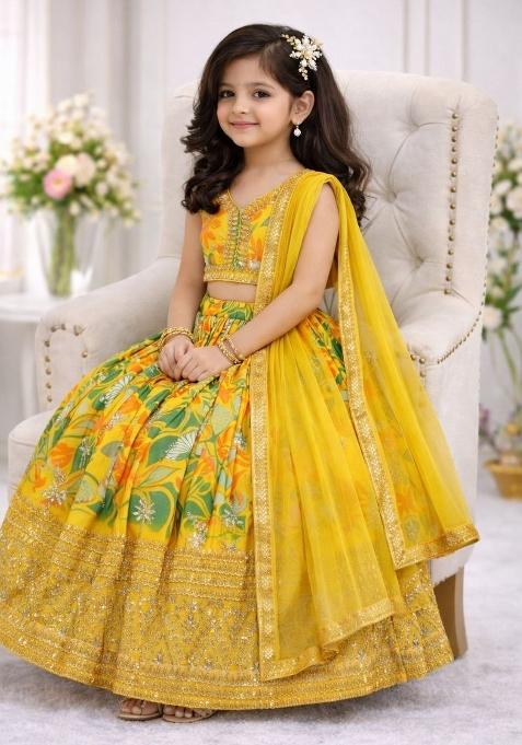 Mustard Yellow Embroidery Georgette Lehenga Set For Girls