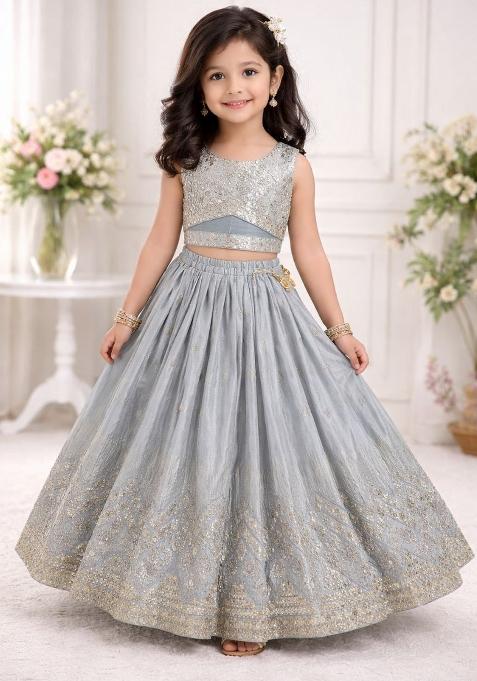 Greyish Blue Embroidery Georgette Lehenga Set For Girls
