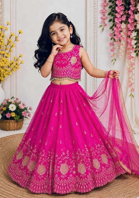 Rani Pink Embroidery Silk Lehenga Set For Girls