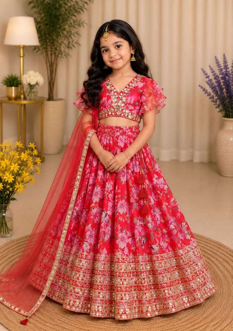 Red Embroidery Georgette Lehenga Set For Girls - Indya