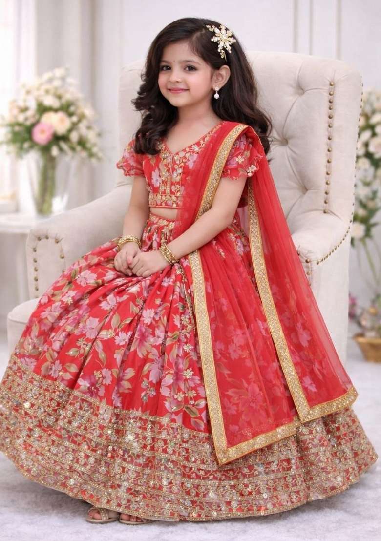 Red Embroidery Georgette Lehenga Set For Girls - Indya
