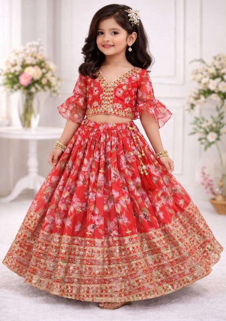 Red Embroidery Georgette Lehenga Set For Girls - Indya