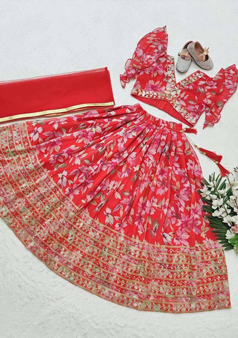 Red Embroidery Georgette Lehenga Set For Girls - Indya