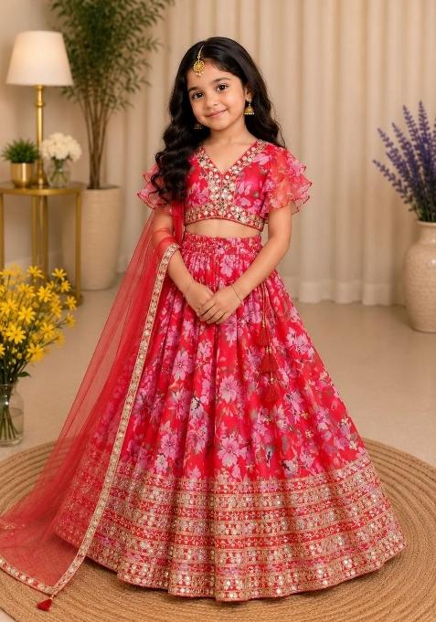 Red Embroidery Georgette Lehenga Set For Girls