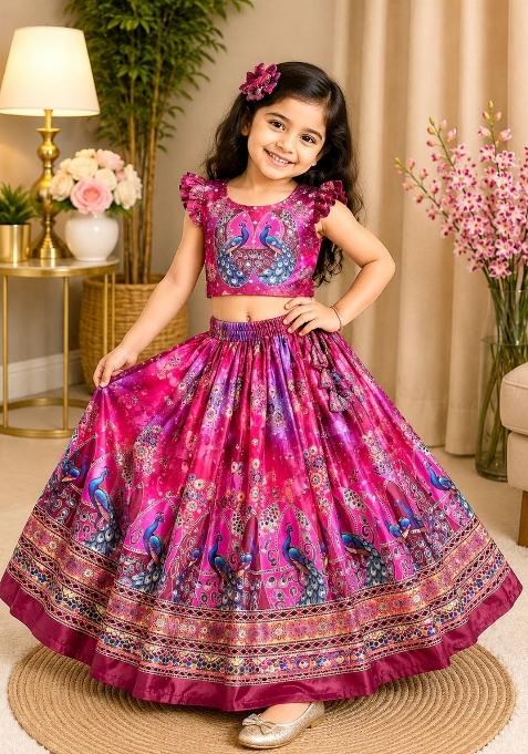 Rani Pink Printed Silk Lehenga Set For Girls