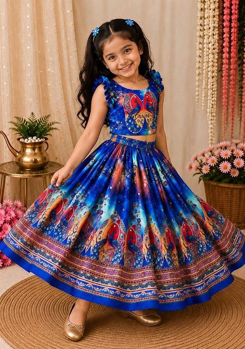 Blue Printed Silk Lehenga Set For Girls