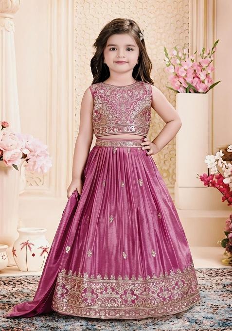 Mauve Pink Embroidery Silk Lehenga Set For Girls