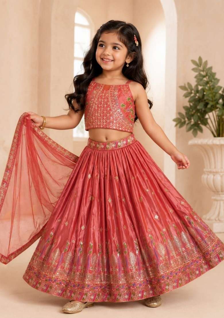 Burnt Orange Embroidery Silk Lehenga Set For Girls - Indya