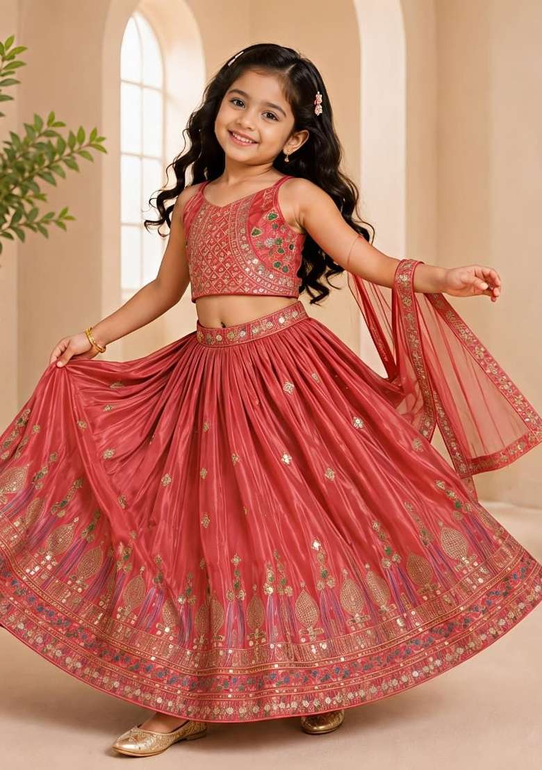 Burnt Orange Embroidery Silk Lehenga Set For Girls - Indya