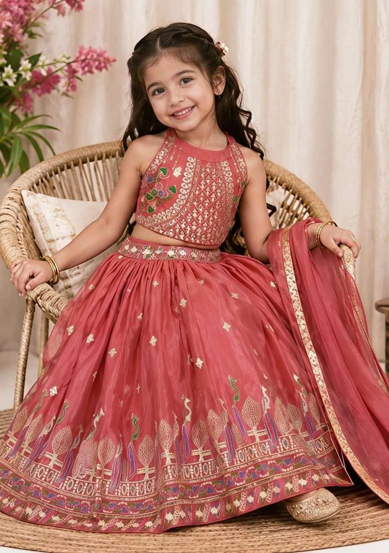Burnt Orange Embroidery Silk Lehenga Set For Girls - Indya