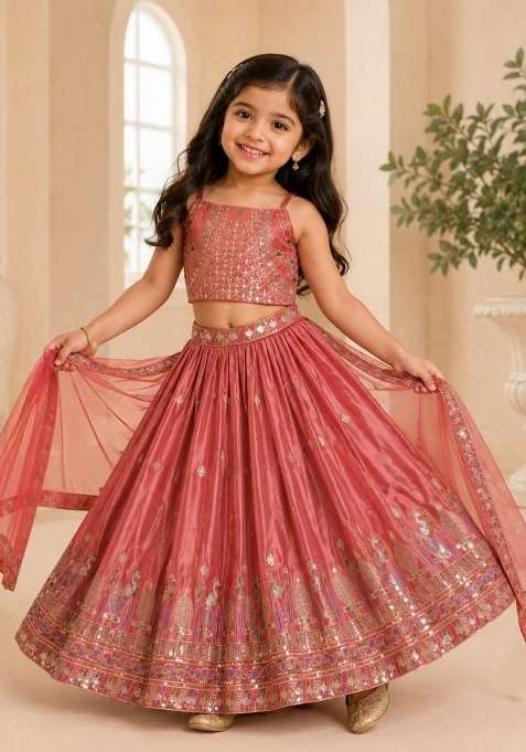 Burnt Orange Embroidery Silk Lehenga Set For Girls