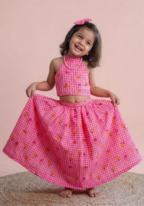 Light Pink Printed Chanderi Lehenga Set For Girls
