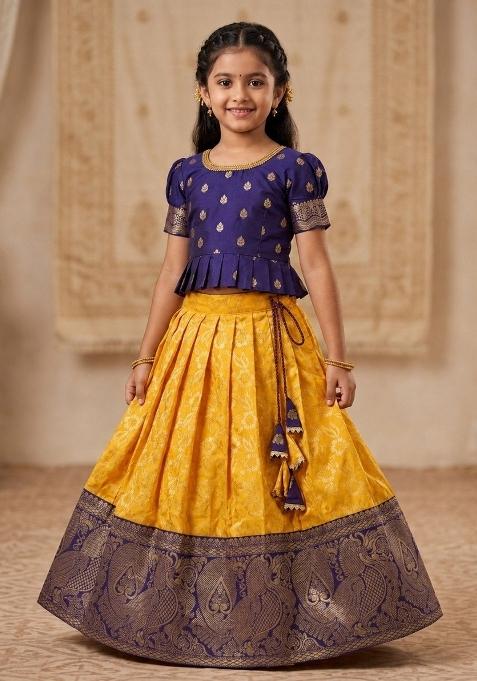 Blue Yellow Jacquard Silk Lehenga Set For Girls