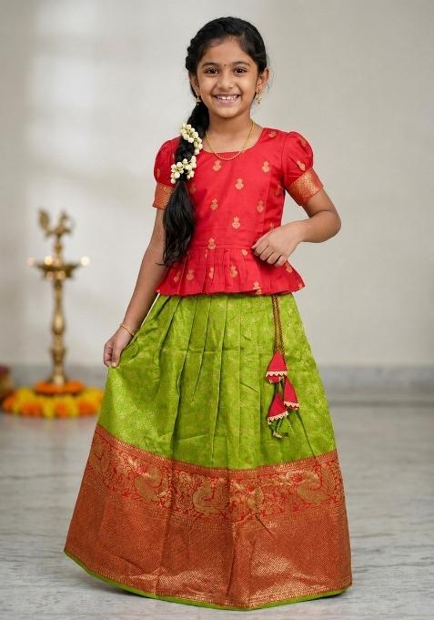 Vermilion Red Parrot Green Jacquard Silk Lehenga Set For Girls