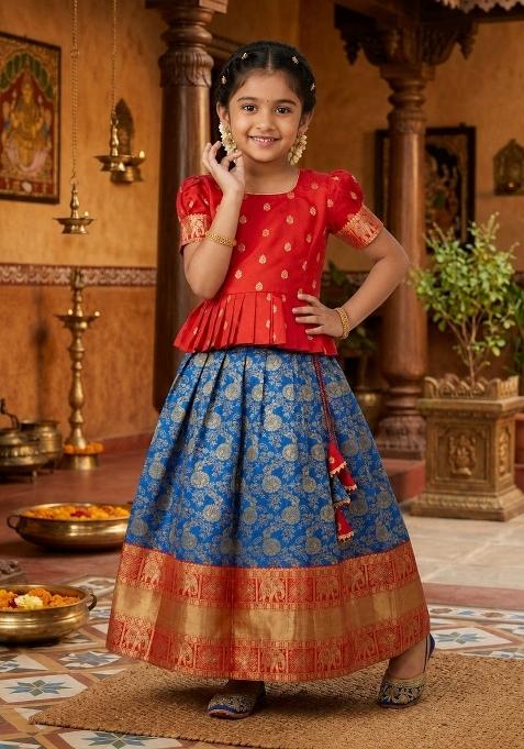 Red Royal Blue Jacquard Silk Lehenga Set For Girls