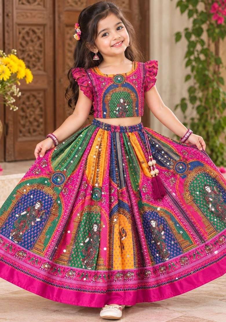 Multicolor Printed Silk Lehenga Set For Girls - Indya