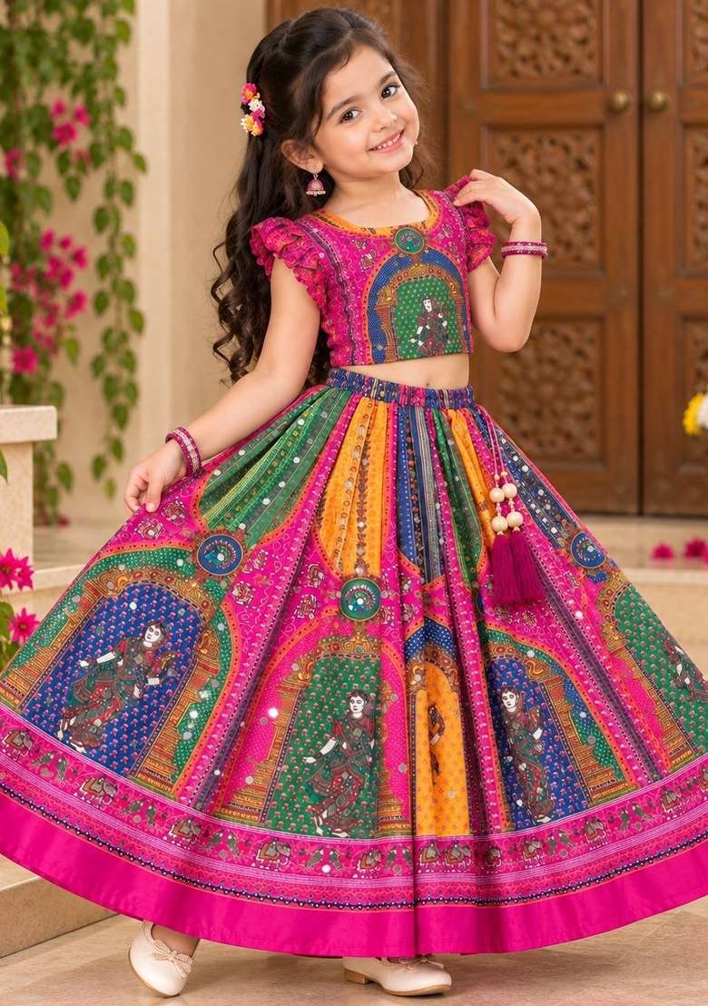 Multicolor Printed Silk Lehenga Set For Girls - Indya
