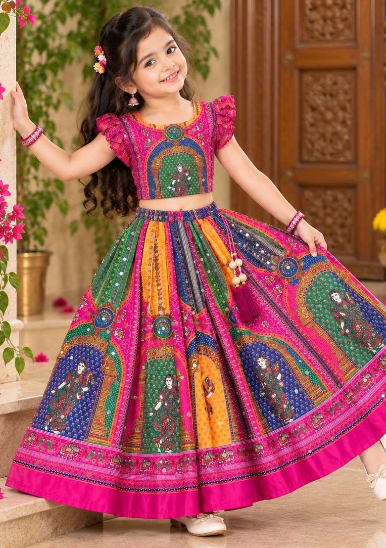 Multicolor Printed Silk Lehenga Set For Girls - Indya