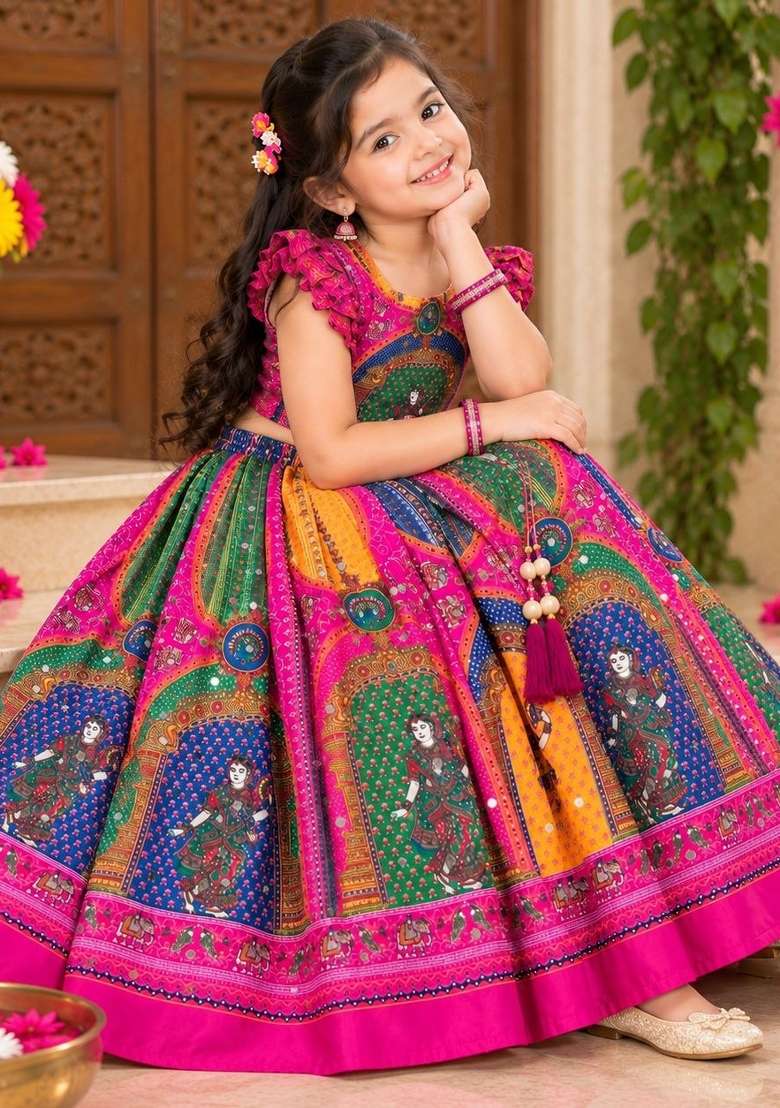 Multicolor Printed Silk Lehenga Set For Girls - Indya