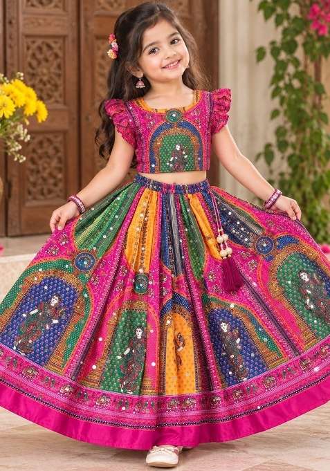 Multicolor Printed Silk Lehenga Set For Girls
