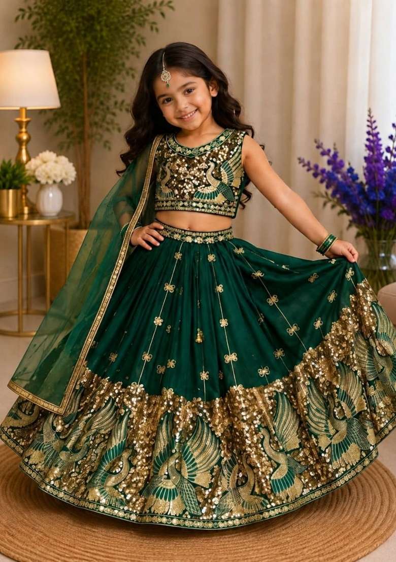 Dark Green Embroidered Silk Lehenga Set For Girls - Indya