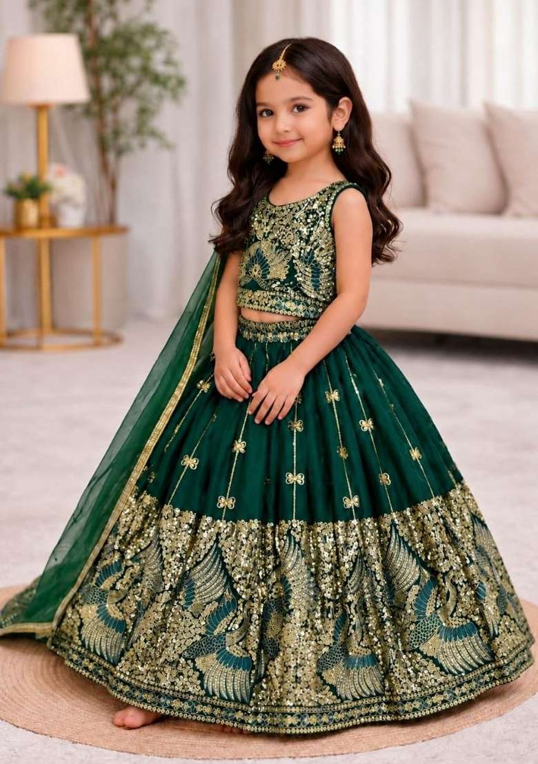 Dark Green Embroidered Silk Lehenga Set For Girls - Indya