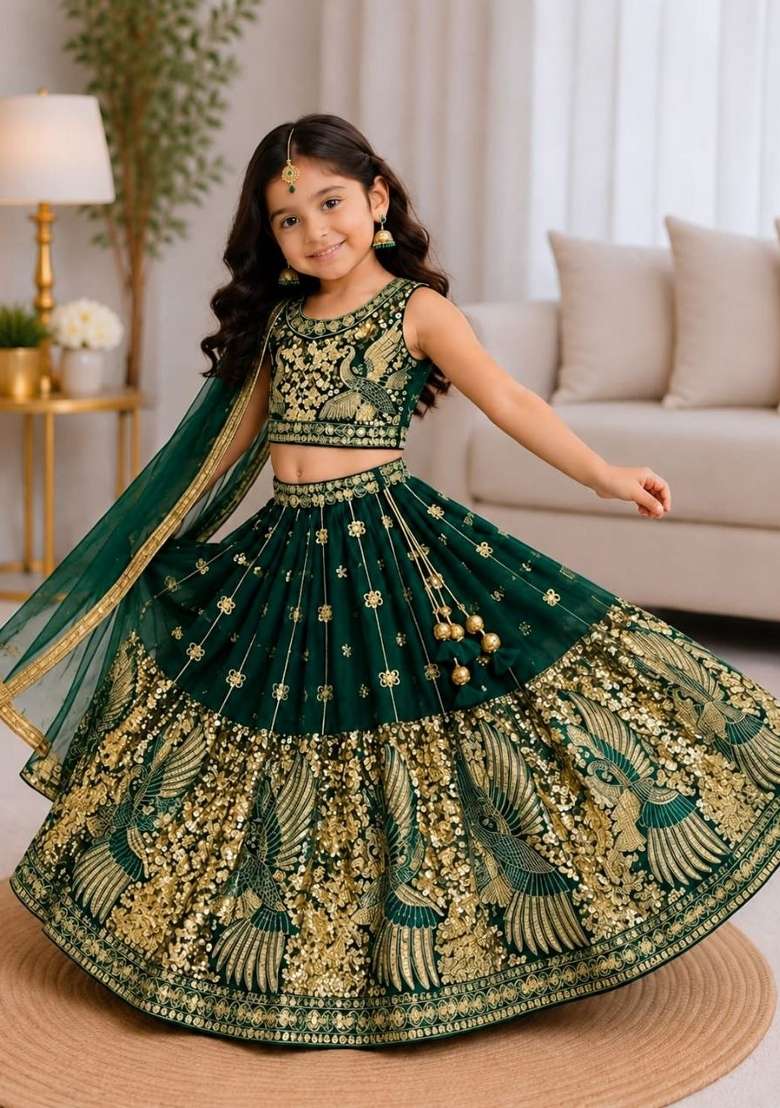 Dark Green Embroidered Silk Lehenga Set For Girls - Indya