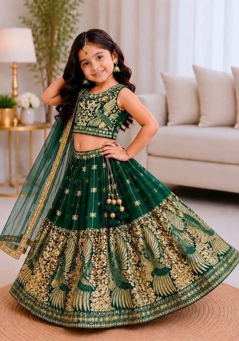 Dark Green Embroidered Silk Lehenga Set For Girls