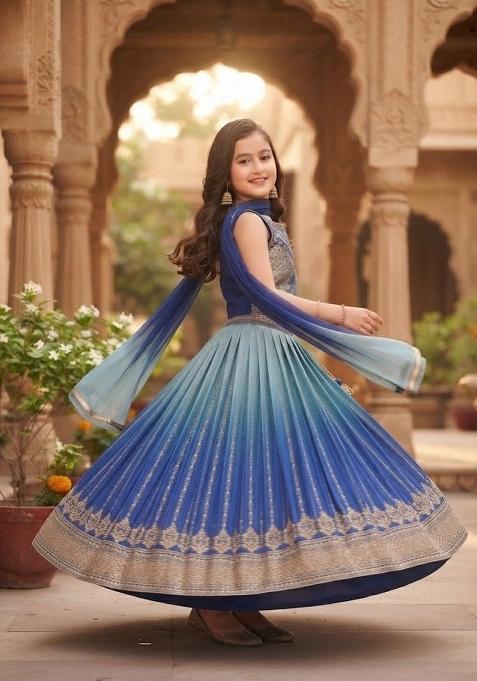 Blue Embroidered Silk Lehenga Set For Girls