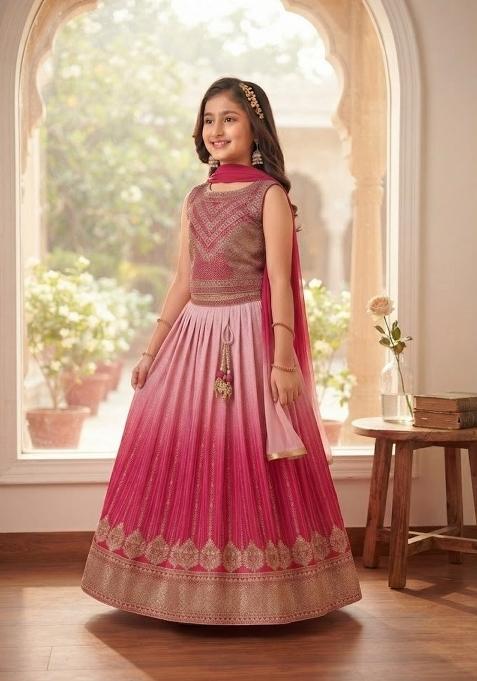 Pink Embroidered Silk Lehenga Set For Girls