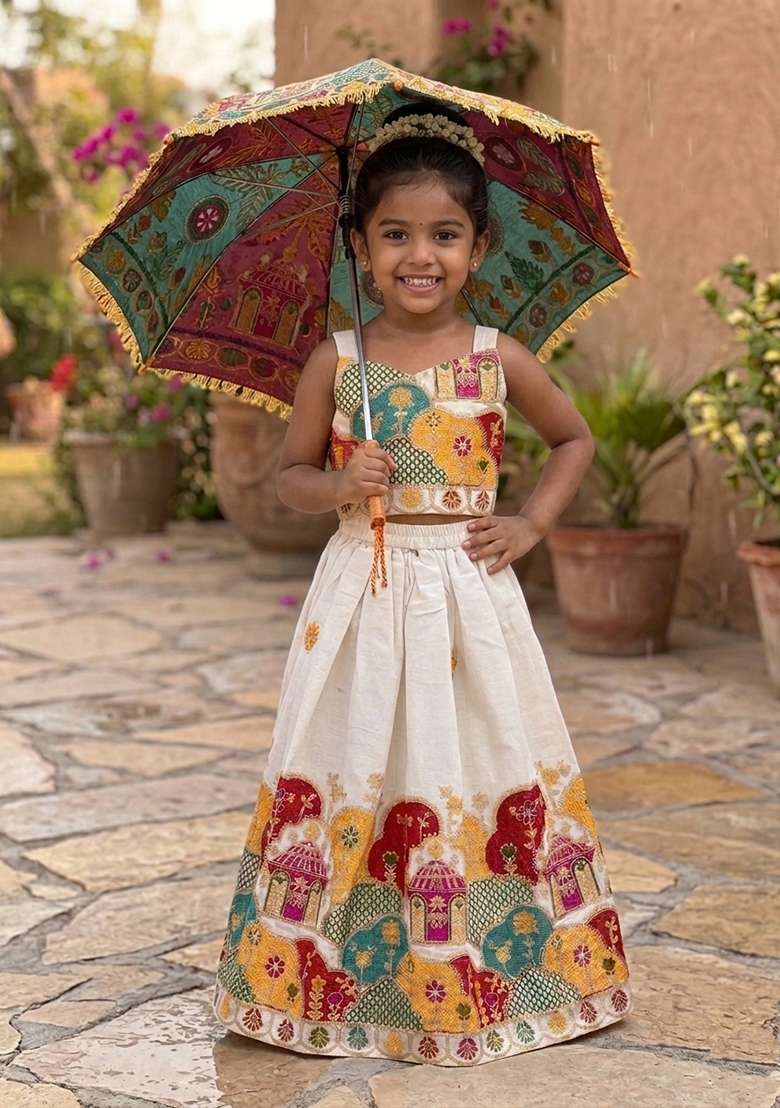 Off White Embroidery Cotton Lehenga Set For Girls - Indya