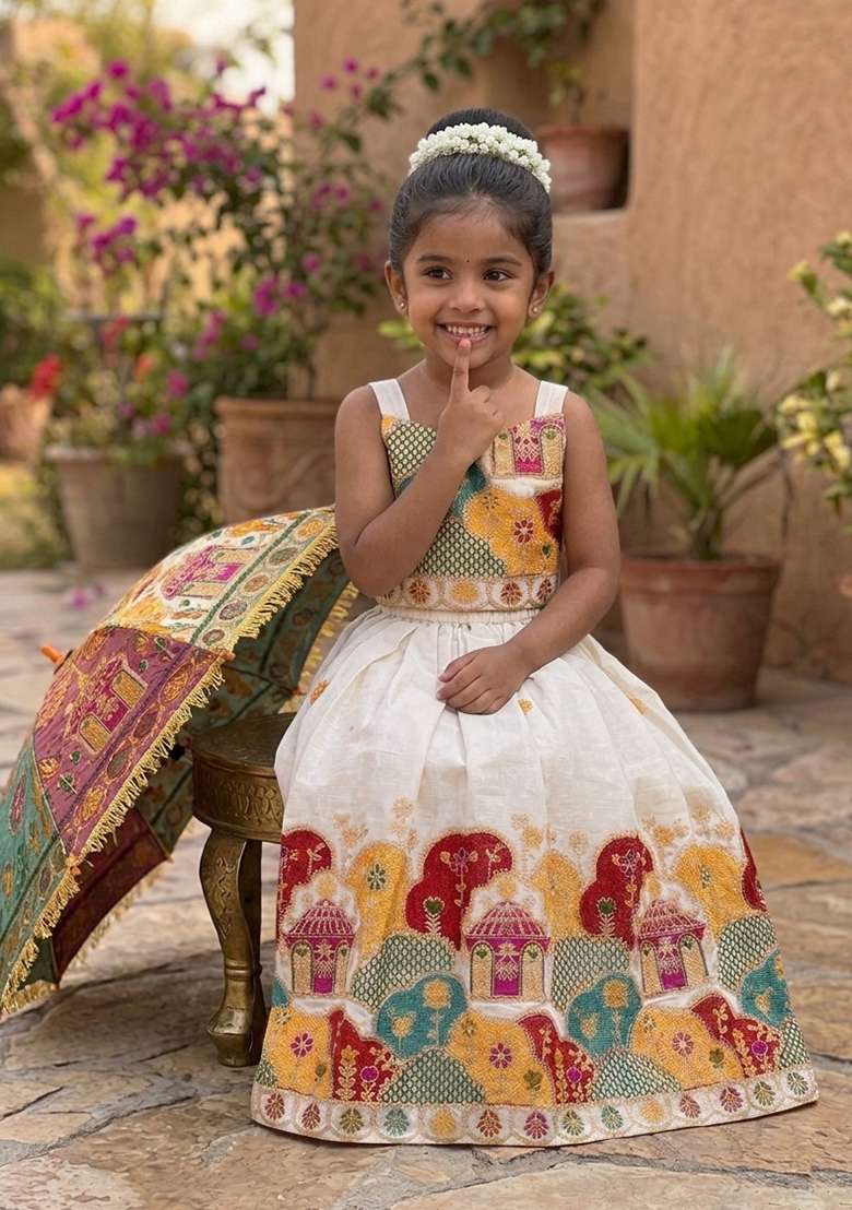 Off White Embroidery Cotton Lehenga Set For Girls - Indya
