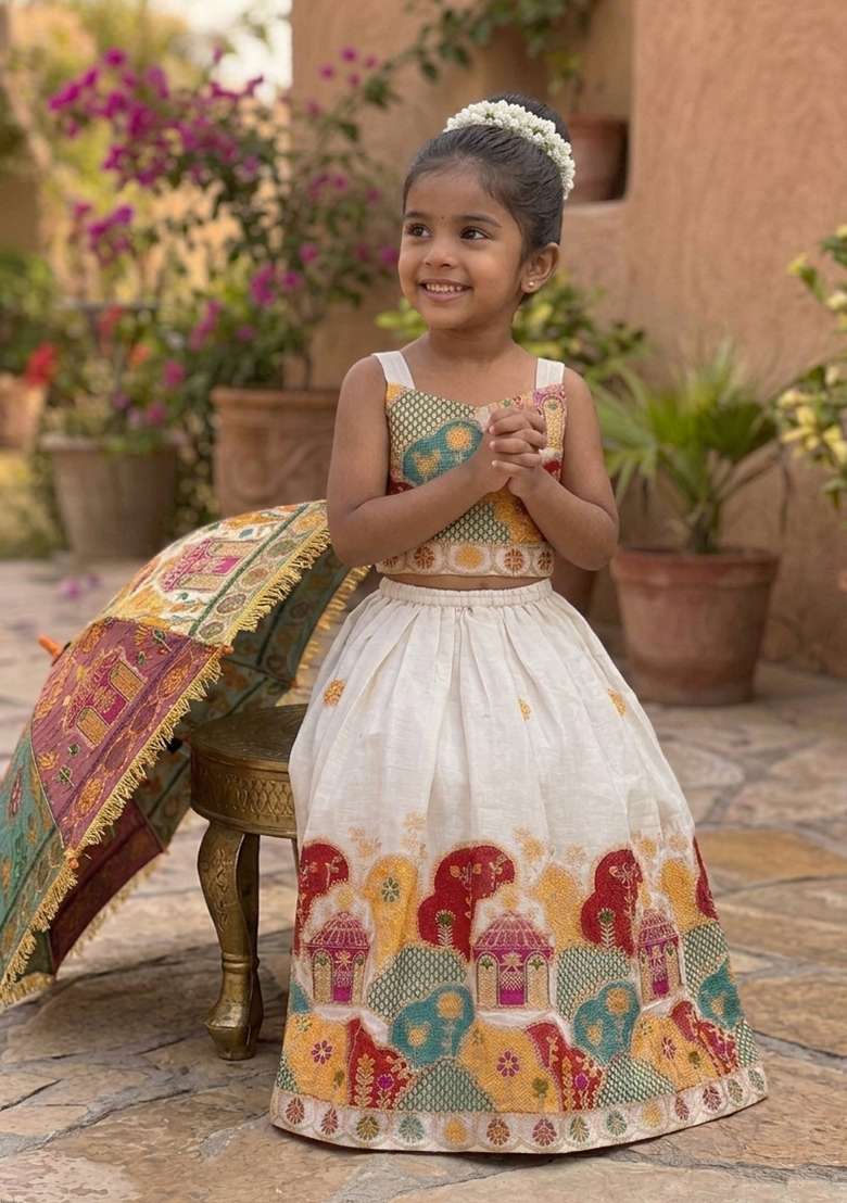 Off White Embroidery Cotton Lehenga Set For Girls - Indya