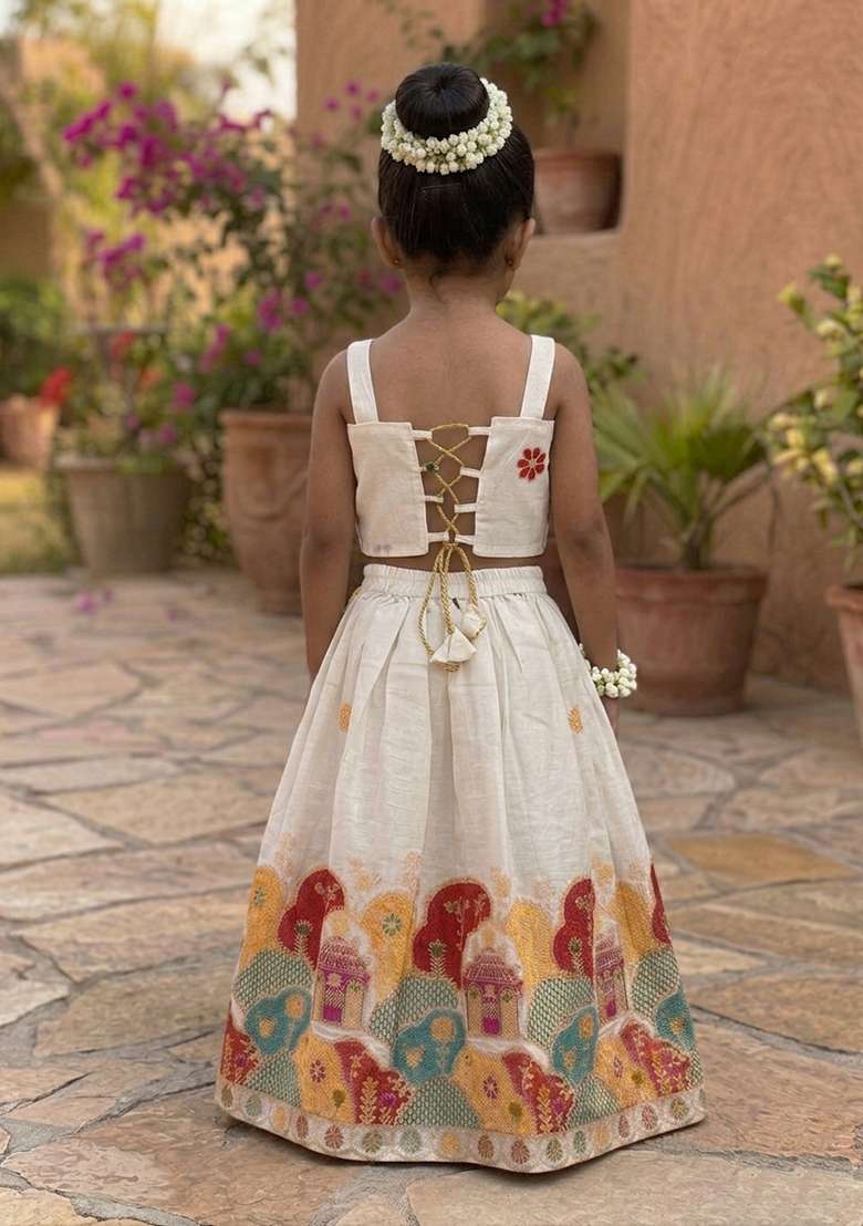 Off White Embroidery Cotton Lehenga Set For Girls - Indya