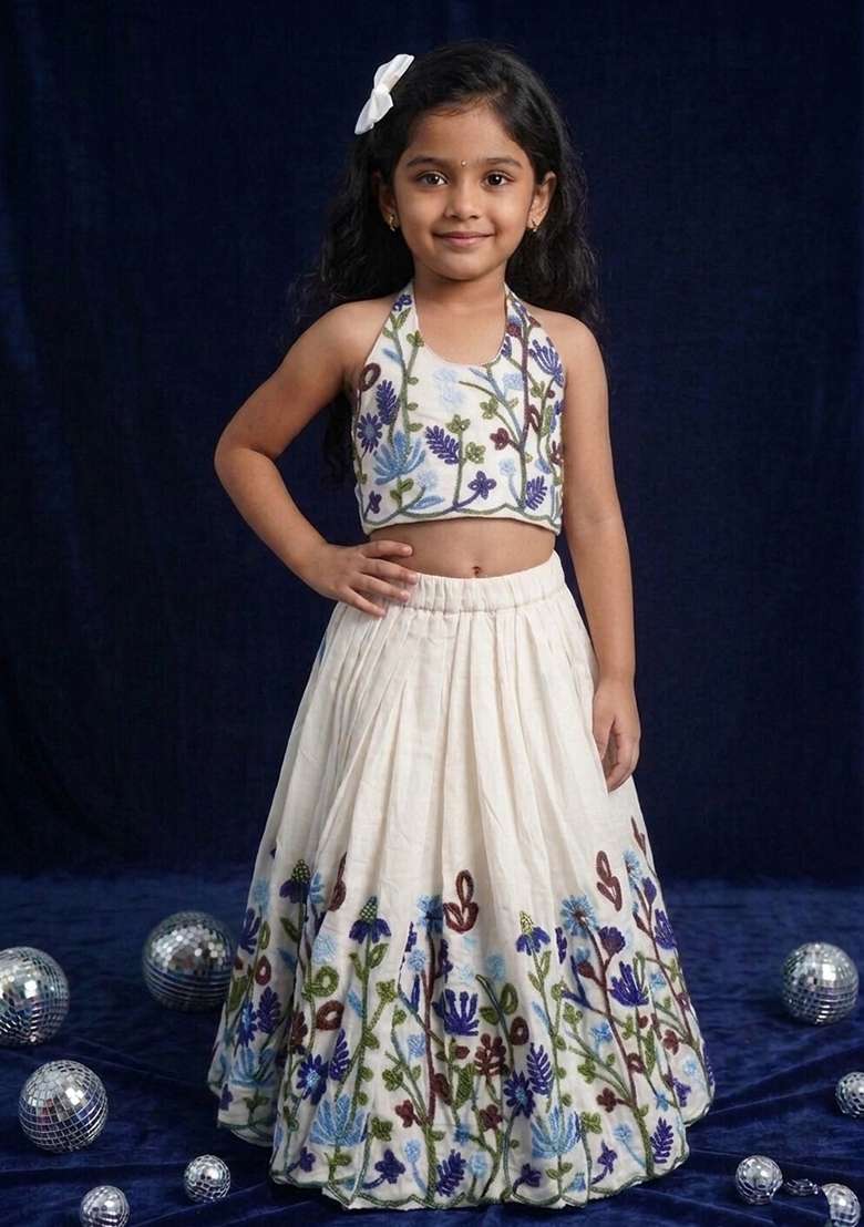 Off White Embroidery Cotton Lehenga Set For Girls - Indya