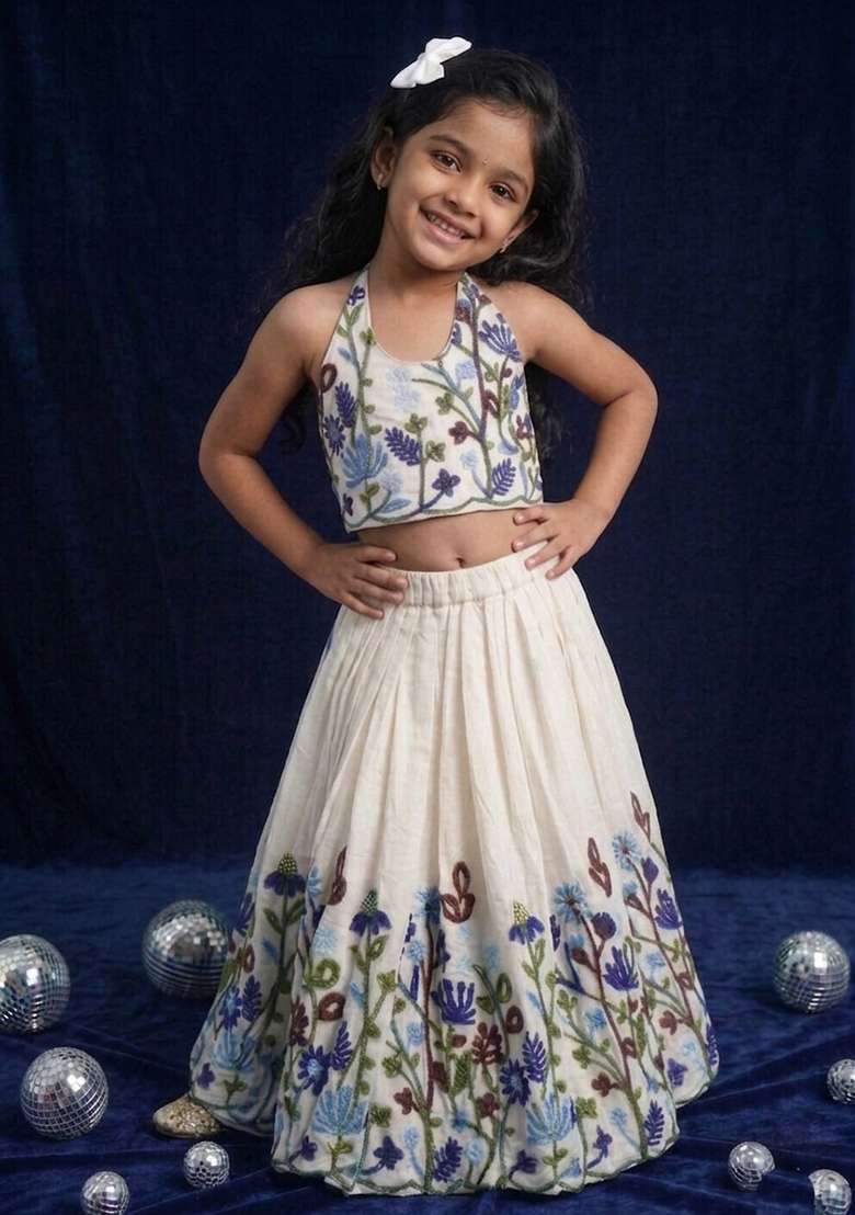Off White Embroidery Cotton Lehenga Set For Girls - Indya