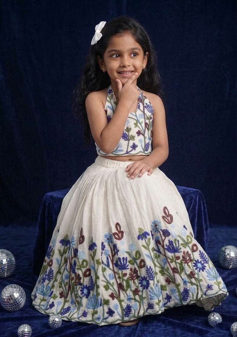 Off White Embroidery Cotton Lehenga Set For Girls - Indya