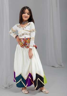 Off White Mirror Work Cotton Lehenga Set For Girls