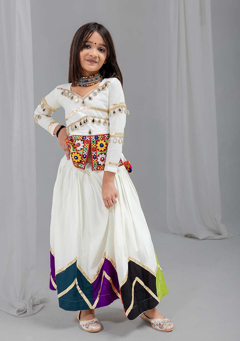 Off White Mirror Work Cotton Lehenga Set For Girls - Indya