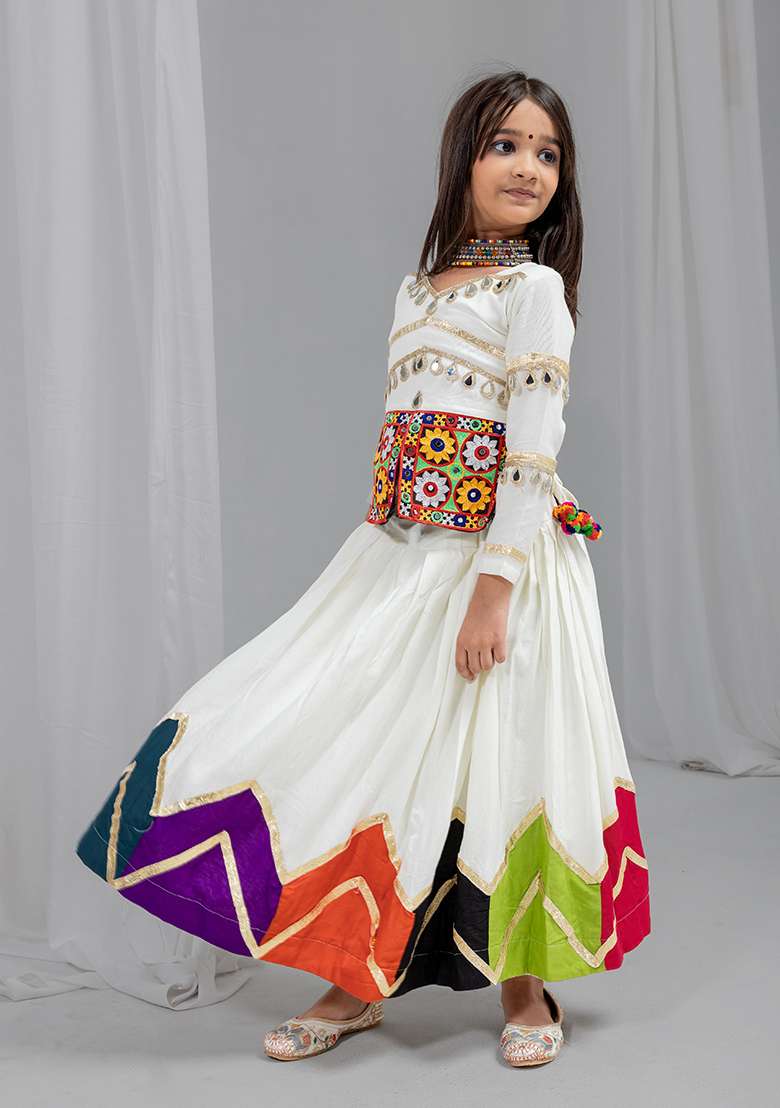 Off White Mirror Work Cotton Lehenga Set For Girls - Indya