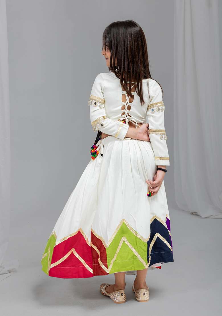 Off White Mirror Work Cotton Lehenga Set For Girls - Indya