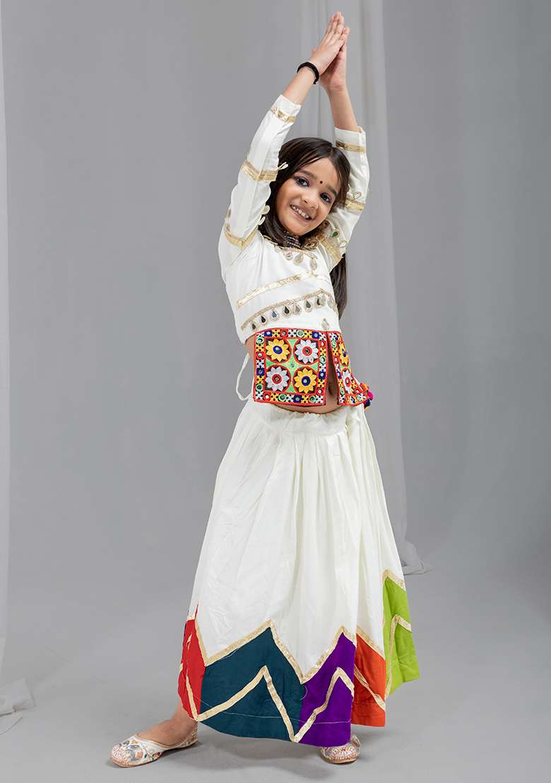 Off White Mirror Work Cotton Lehenga Set For Girls - Indya