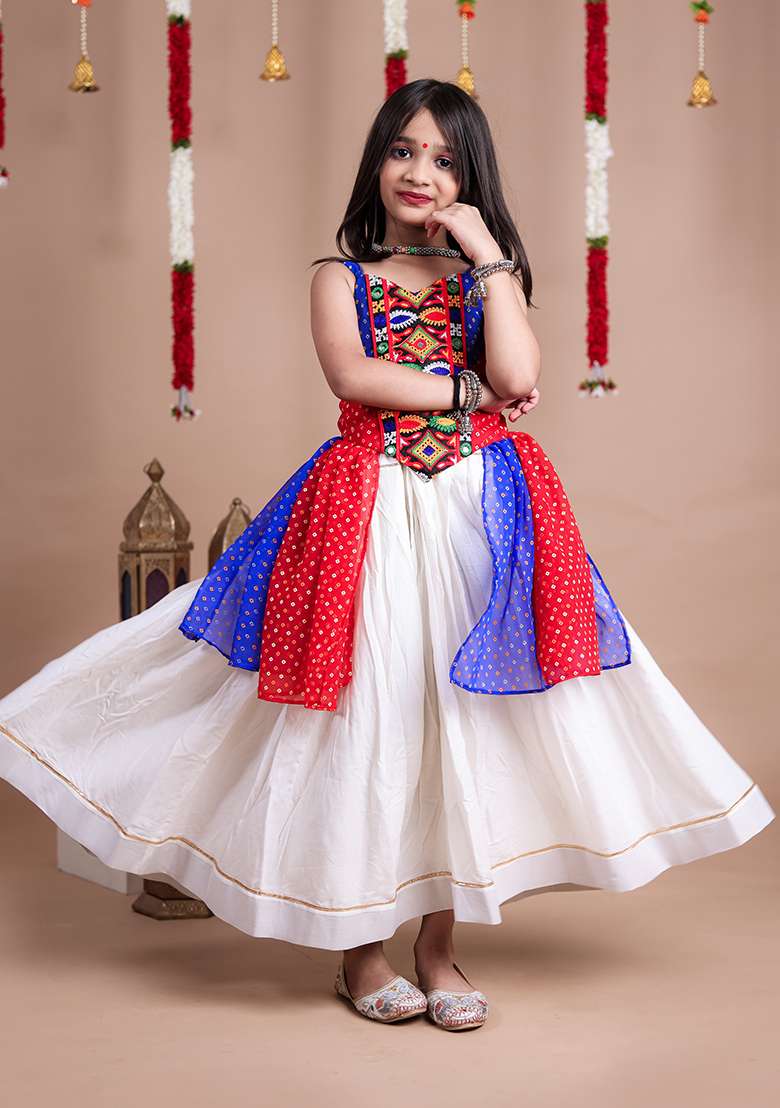 White Rayon Lehenga Set For Girls - Indya