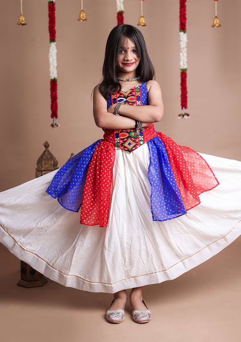 White Rayon Lehenga Set For Girls - Indya