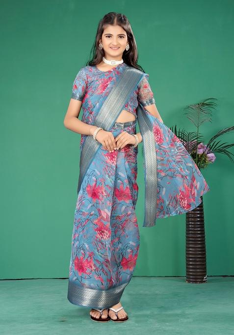 Blue Embellished And Sequined Poly Blend Saree Set For Girls