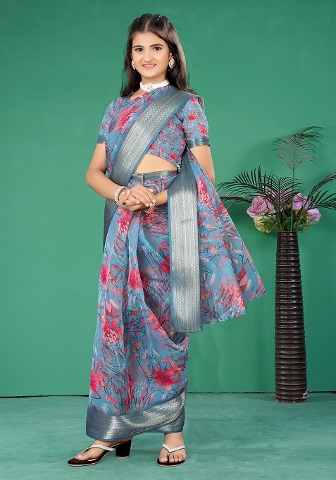 Blue Embellished And Sequined Poly Blend Saree Set For Girls