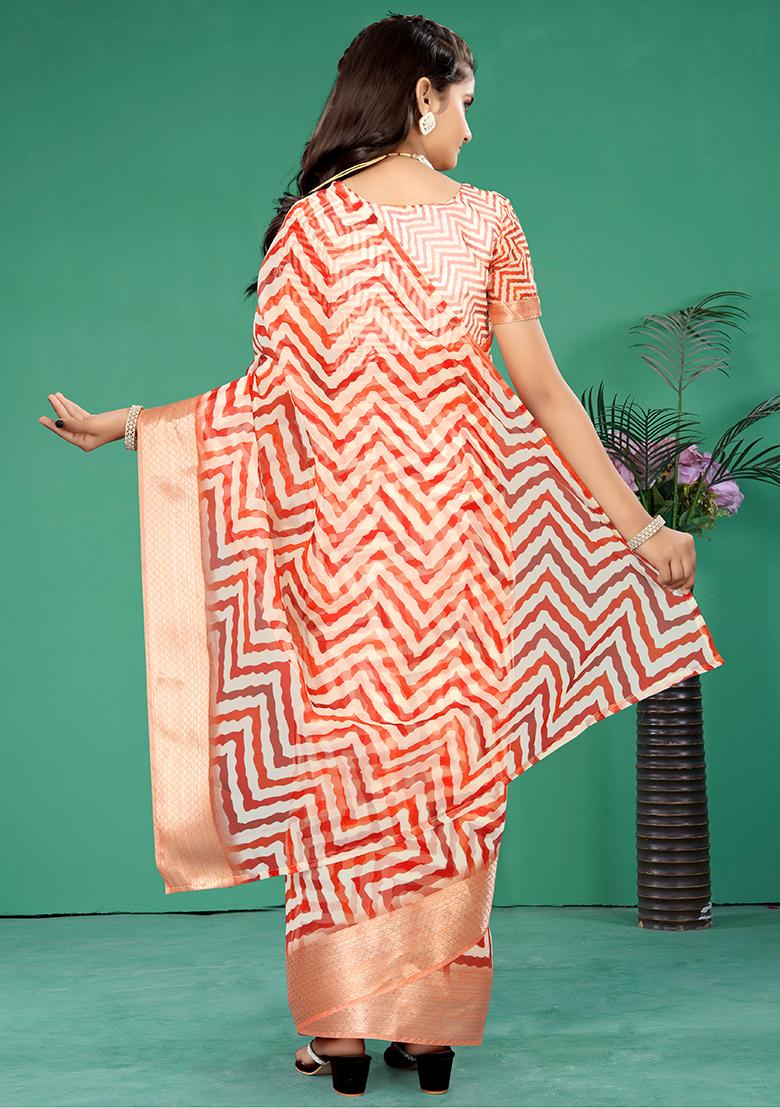 Orange Embellished And Sequined Poly Blend Saree Set For Girls