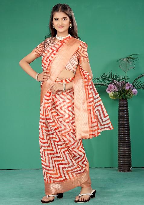 Orange Embellished And Sequined Poly Blend Saree Set For Girls